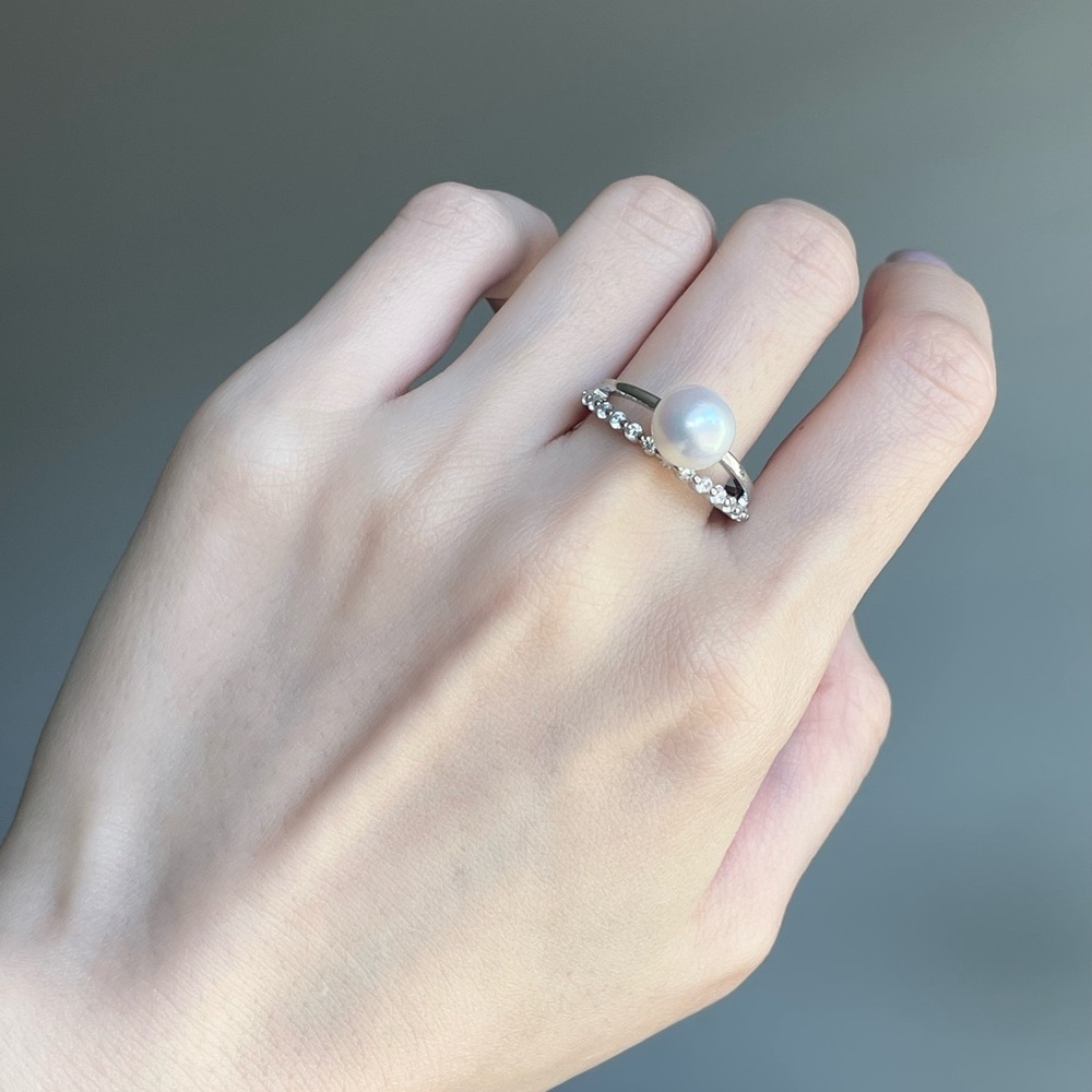 Adjustable Brass Ring with Freshwater Pearl & CZ Accent Band